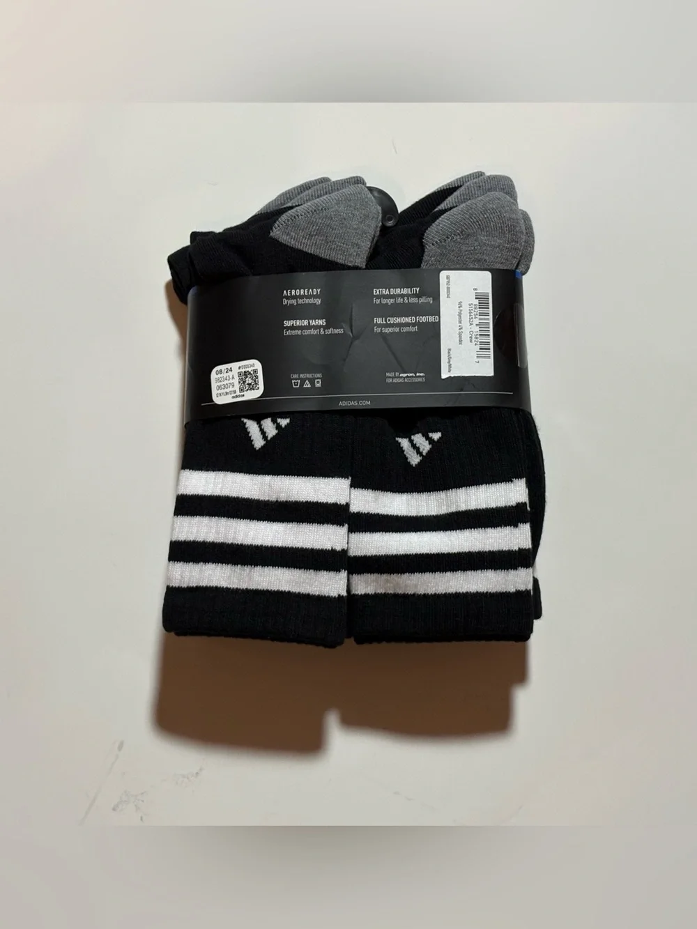 adidas 3 stripes Black & White Men's Cushioned Crew Athletic Socks - 6 Pair